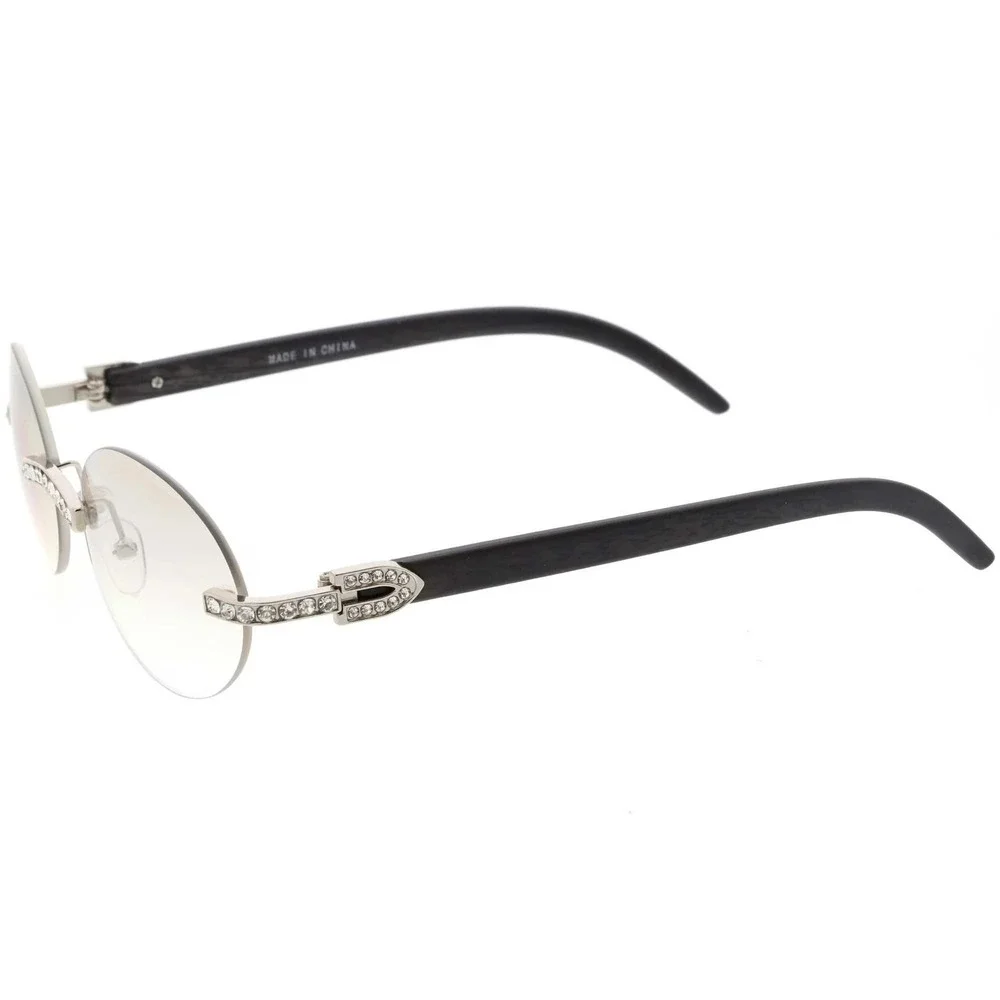 Rimless Sunglasses Rhinestone Silver Clear Lens Wood Grain Arm Men‎ Street Wear